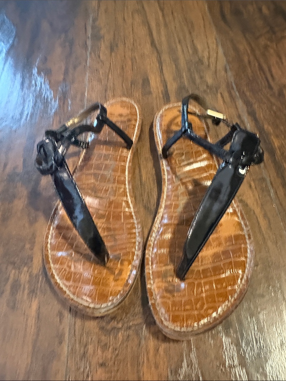 Sam Edelman Black T-Strap Women’s Sandals with Brown Croc-Embossed Footbed